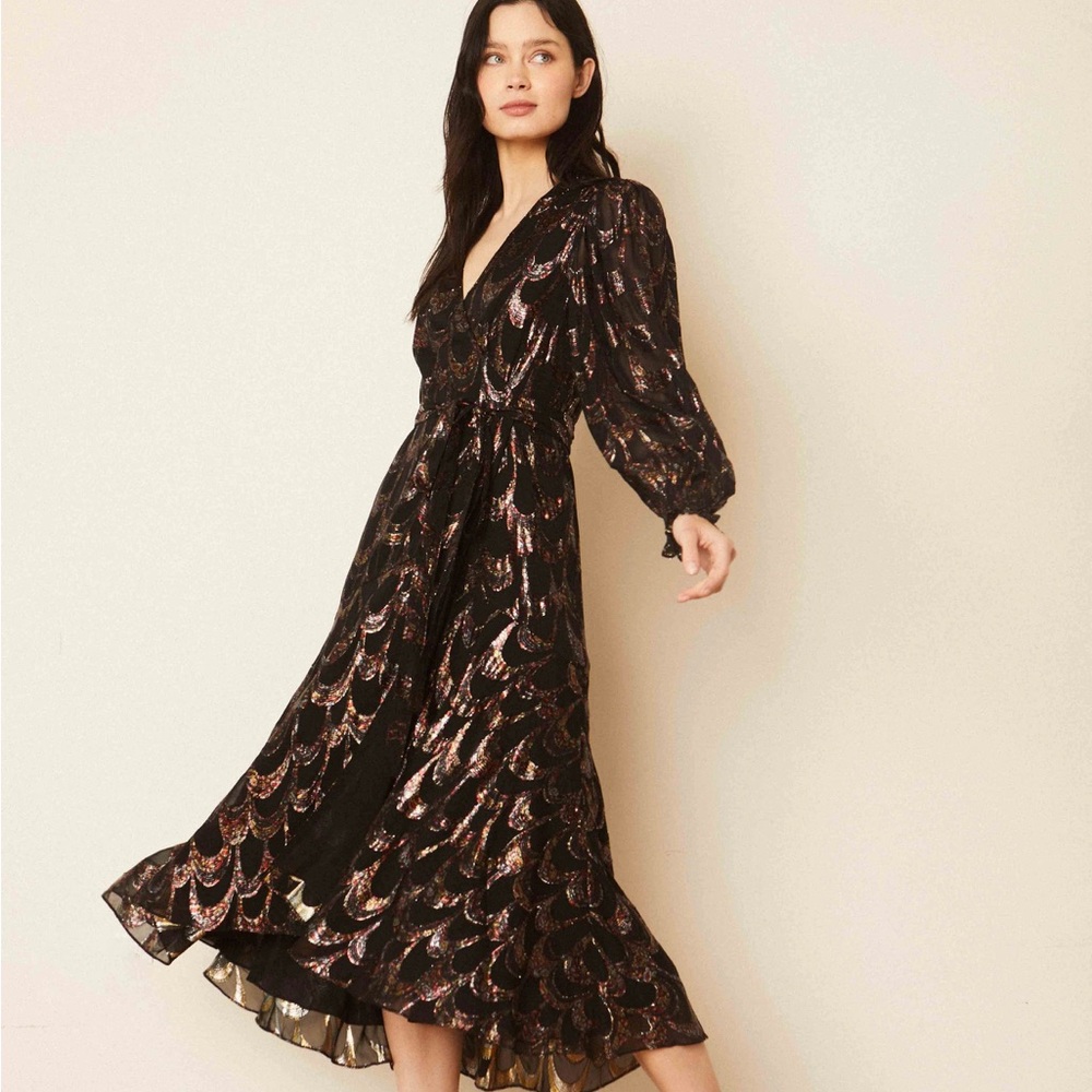 Metallic Black & Rose Gold Midi Dress with V-Neck
